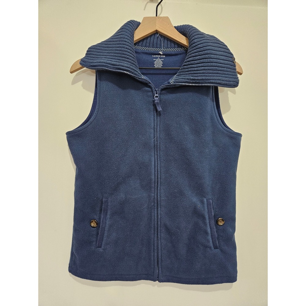 Lands End Womens Blue Fleece Vest Ribbed Knit Portrait Collar Full Zip Small 6-8